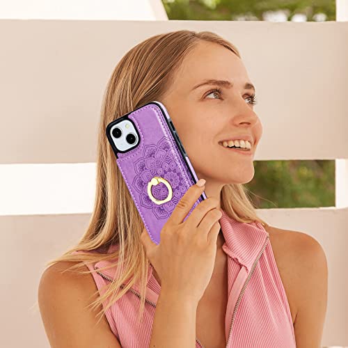 HAOPINSH for iPhone 13/ iPhone 14 Wallet Case with Card Holder, 360°Rotation Ring Kickstand, Purple Mandala Pattern, RFID Blocking Leather for Girls Women, Double Buttons Flip Cover 6.1" - color: Purple Mandala