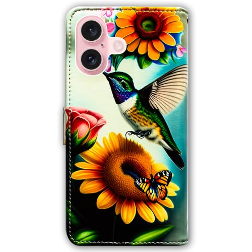 Bcov Case for iPhone 16,Green Hummingbird Butterfly Multifunction Leather Phone Case Wallet Flip Cover with Multi Card Slots Pocket Wrist Strap for Apple iPhone 16 - color: Green Hummingbird Butterfly