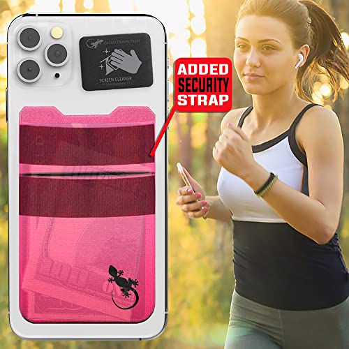 Gecko Travel Tech Double Pocket - Adhesive Card Holder - Cell Phone Pouch - Stick on Spandex Pocket - Carry Credit Cards and Cash (PINK BLACK) - color: PINK BLACK