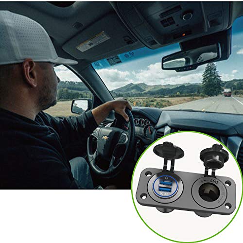 QC 3.0 USB Outlet 12V Boat Marine Waterproof Cigarette Lighter Socket Splitter 12 Volt DC Power Charger Adapter DIY Kit with Blue LED Dual USB Ports for Rocker Switch Panel on Car RV Golf Cart ATV