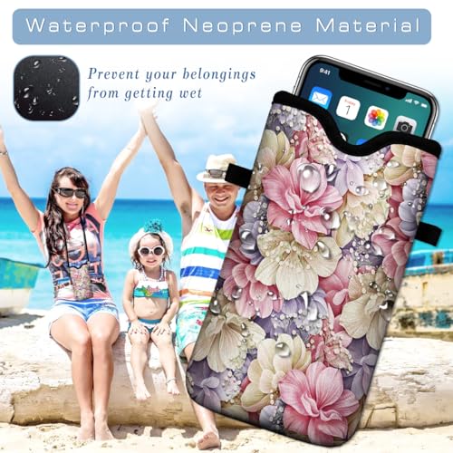 Universal Neoprene Cell Phone Pouch 7.1 X 4 in Mobile Protection Case Bag with Crossbody Strap/Neck Lanyard Luxury Flowers Leaf Printed Pattern - color: Luxury Flowers Leaf Printed Pattern