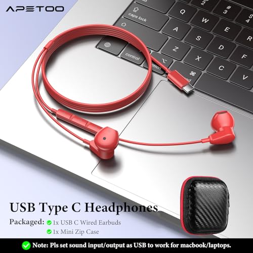 APETOO USB C Headphones for iPhone 18 Pro Max 17 16 15/iPad Air Earbuds - color: Red