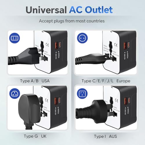 Travel Adapter, Worldwide All in One Universal Power Plug Adapter, White - color: White