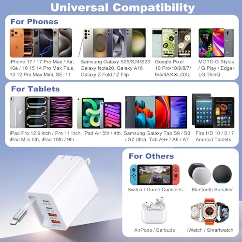 OKRAY 40W 4-Port USB C Fast Charging Block with Retractable USB C Cable - color: White-40W