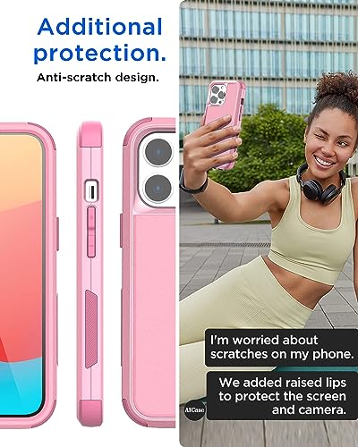 AICase Rugged Case Compatible with iPhone 15 Pro Max+Glass Protector+Camera Lens,Heavy Duty 3-Layer Pocket-Friendly Durable Military Grade Protection Shockproof/DropProof Protective Cover_4 - color: Pink+Glass Protector+Camera Lens