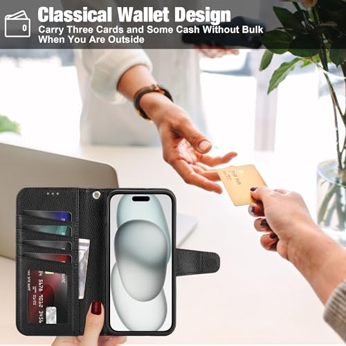 Arae Compatible with iPhone 15 Plus Case with Card Holder and Wrist Strap Wallet Flip Cover for iPhone 15 Plus 6.7 inch Men RFID Blocking Wristlet Kickstand,Litchi Black - color: Litchi Black, size: iPhone 15 Plus 6.7 inch