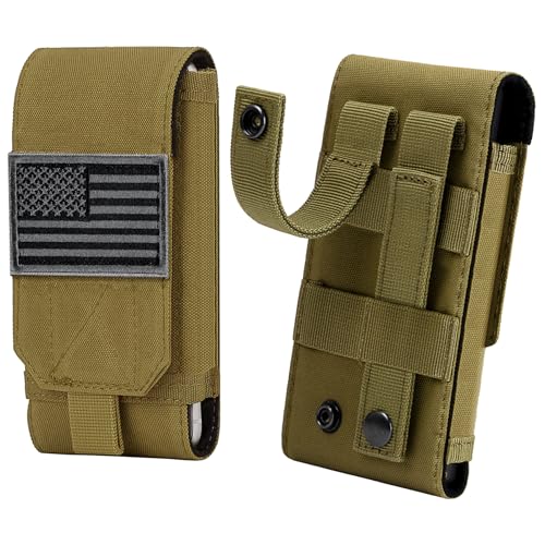 Tactical Molle Phone Case, Heavy Duty Loop Belt Holster Pouch with Flag Patch for iPhone 17 Pro Max/16 Pro Max/16 Plus/16 Pro/16/15 Pro Max/14 Pro Max/13 Pro Max, for Galaxy S24 Ultra - color: Khaki