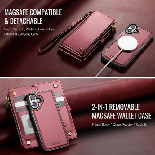 Defencase for iPhone 17 Phone Case Wallet Compatible with Magsafe, Wine Red | Magnetic Detachable, Drop-Proof Protective Wallet Cases Cover, with RFID Bolcking Card Holder, Zipper Strap, Soft PU Leather - color: (Detachable with Magsafe)-Wine Red