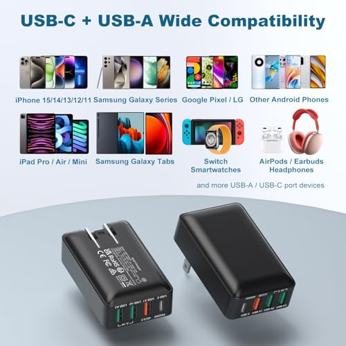 Flat USB C Wall Charger, OKRAY 3Pack 40W 4-Port Fast Charging Foldable Plug - color: Black - 3Pack
