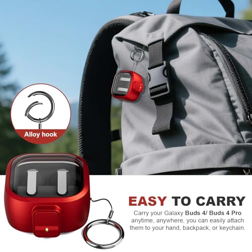 for Samsung Galaxy Buds 4/Buds 4 Pro Case (2026) with Secure Safety Lock Clip,Shockproof Scratch-Resistant TPU Transparent Soft Shell Protective Cover Accessories with Carabiner/Cleaning Kit(Red) - color: Red