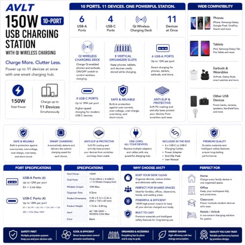 AVLT 150W 10 Port USB-A USB-C with Qi Wireless Charging Station - Black