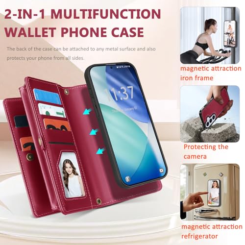 for Samsumg Galaxy S26 Wallet Case, Detachable Magnetic Phone Case,Faux Leather Strap Wallet,with RFID Blocking,Zipper Card Holder,Shoulder Straps (Red) - color: Red, size: Samsumg Galaxy S26