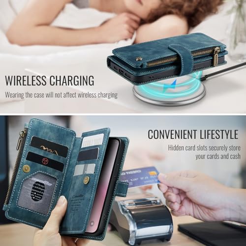 Compatible with iPhone 16e/17e Wallet Case,with Card Holder Kickstand Magnetic Zipper Pocket Lanyard Strap Wristlet,Leather Flip Case Wallet for iPhone 16e/17e 6.1 Inch(Blue) - color: Blue, size: iPhone 16E/17E 6.1 Inch