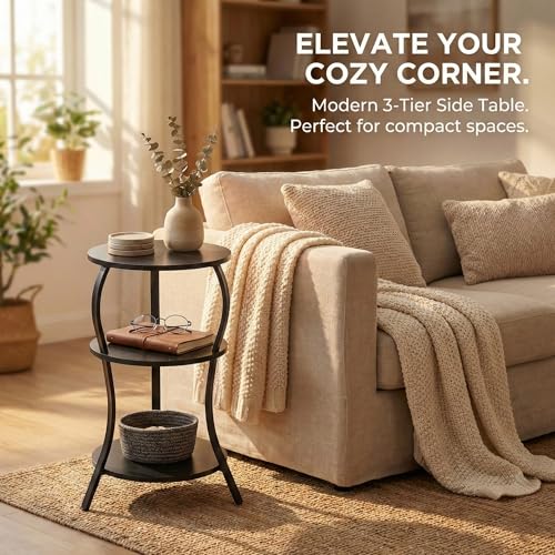 YEAKOO Small Round Side Table,3-Tier Slim Waist End Table for Small Spaces - color: Black, style: Classic