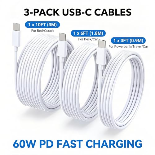 3-Pack USB-C to USB-C Fast Charging Cable for iPhone 17, 16,15 – White - color: White 3ft-6ft-10ft