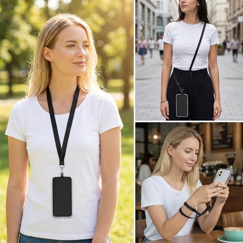 3 PCS Metal Phone Tether Tab, 360° Rotatable Heavy Duty Stainless Steel Phone Lanyard Patch, 0.01" Ultra-Thin Charging Universal Phones Case Insert for Lanyard Charm (Black)