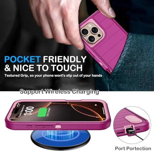 for iPhone 16 Pro Case with Screen Protector,Built-in Invisible Kickstand,Heavy Duty Shockproof Drop Protection Military Grade Tri-Layer Rugged Durable Cell Phone Cover for Apple 16 Pro 6.3"(Purple - color: Purple