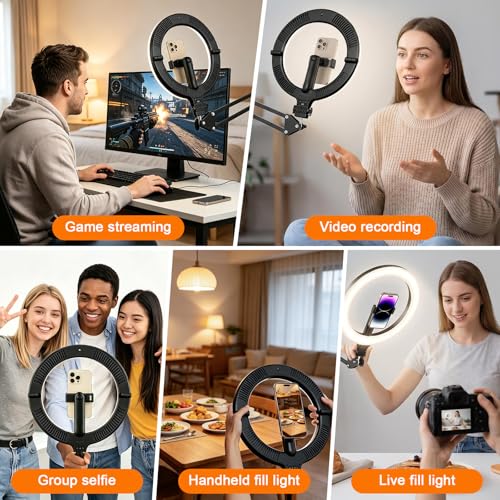 Magnetic Overhead Ring Light for Desk, 10” Selfie Light with Stand Tripod for iPhone, Adjustable Overhead Phone Mount with MagSafe-Compatible Holder for Recording, YouTube Video, Live Streaming