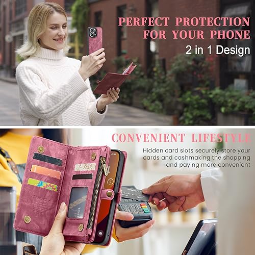 Compatible with iPhone 15 Pro Wallet Case with Magsafe,Red | Magnetic Detachable Case,Card Holder,Zipper Pocket,Strap Wristlet, Soft Leather Drop-Proof Phone Case for iPhone 15 Pro 6.1" - color: Red, size: iPhone 15 Pro 6.1"