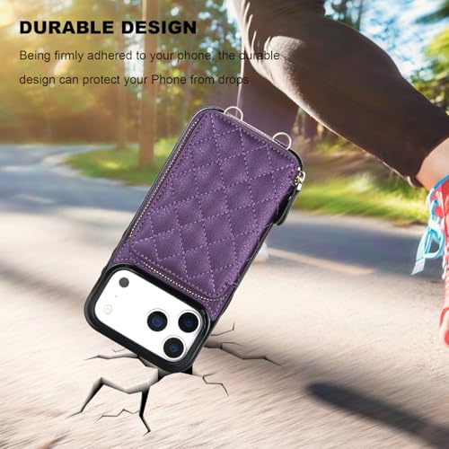 Bocasal Crossbody Wallet Case Card Holder for iPhone 17 Pro Max Dark Purple | RFID Blocking PU Leather Zipper Handbag Purse, Kickstand Flip Folio Case with Card Slots Holder Wrist Strap Lanyard 6.9 Inch - color: Dark Purple