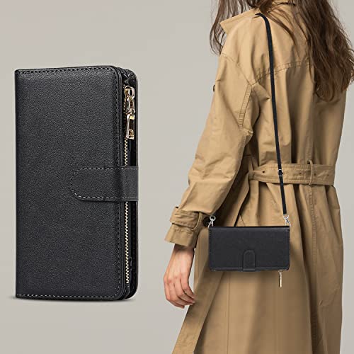 iCoverCase for Samsung Galaxy S23 Ultra Wallet Case with Card Holder, Kickstand Feature PU Leather Case with Adjustable Crossbody Lanyard Magnetic Clasp Zipper Pocket Flip Cover (Black) - color: Black, size: Galaxy S23 Ultra