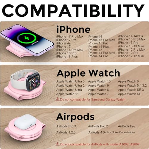 HICOBER 3-in-1 Wireless Charging Station for iPhone, Watch, AirPods, Pink - color: Pink