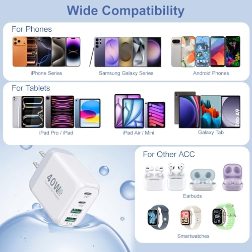 40W USB C Wall Charger with 6ft USB-C Cables, Besgoods 25W Fast Charging Kit, 4-Port USB A&USB C Travel Adapter for iPhone 17 16 15 Galaxy S26 S25 iPad Tablets - color: White