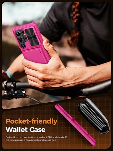 Vihibii for Samsung Galaxy S26 Ultra Case Wallet, Card Holder, Hot Pink | RFID Blocking, Slide Camera Lens Cover, Military-Grade Drop Protection, Rugged Hard Back, Silicone Edge Wallet Case, Hot Pink - color: Hot Pink