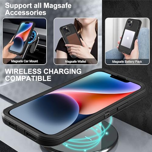 YKHJKLEC iPhone 13/14 Case Compatible With Magsafe - 3 in 1 Heavy Duty Shockproof/Drop Proof/Dust Proof With 2Pcs Tempered Glass Screen Protector (New-Black/Black) - color: New-Black/Black