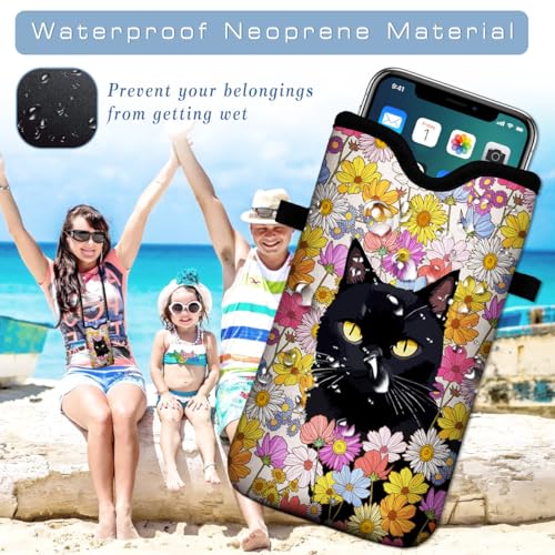 Universal Neoprene Cell Phone Pouch 7.1 X 4 in Mobile Protection Case Bag with Crossbody Strap/Neck Lanyard Black Cat Floral Printed Pattern - color: Black Cat Floral Printed Pattern