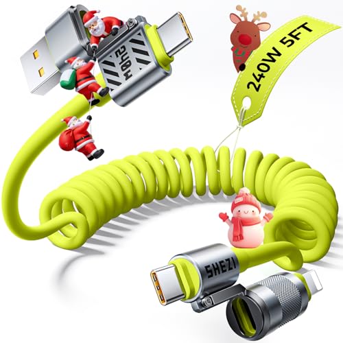 240W 4 in 1 Coiled USB C Cable, 5FT CarPlay & Android Auto Cable - color: Green, size: 240W, style: Coiled Cable