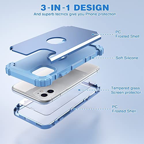IDweel for iPhone 11 Case with Screen Protector(Tempered Glass), Hybrid 3 in 1 Shockproof Slim Fit Heavy Duty Protection Hard PC Cover Soft Silicone Bumper Full Body Case,Peace Blue/Peace Blue - color: Peace Blue/Peace Blue