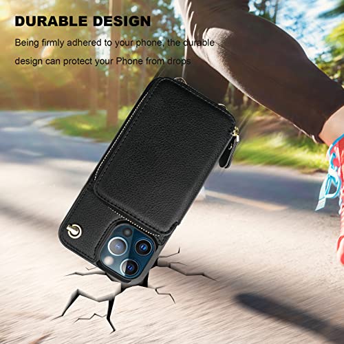 Bocasal Multi-Slot Crossbody Wallet Case for iPhone 12 Pro Max, Black | RFID Blocking PU Leather Purse Case with Card Holder, Handbag Flip Cover with Zipper Wrist Strap Lanyard for Women 6.7 Inch - color: Black