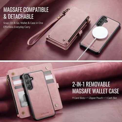 Defencase for Galaxy S25 Plus Case Wallet Compatible with Magsafe, Rosepink | Magnetic Detachable, RFID Bolcking Card Holder, Zipper Strap, PU Leather Drop-Proof Phone Cover for Samsung Galaxy S25+/Plus - color: (Detachable with Magsafe)-Pink