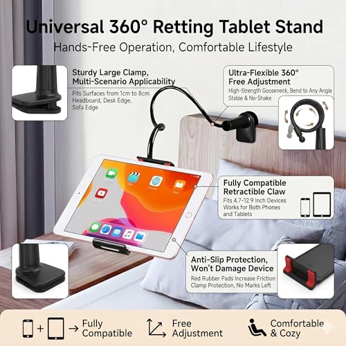 Mobile Phone Holder with 360° Rotation for Bedside, Hands-Free Secure Grip, Soft Arm Clamp Stand(black-36in) - color: black-36in