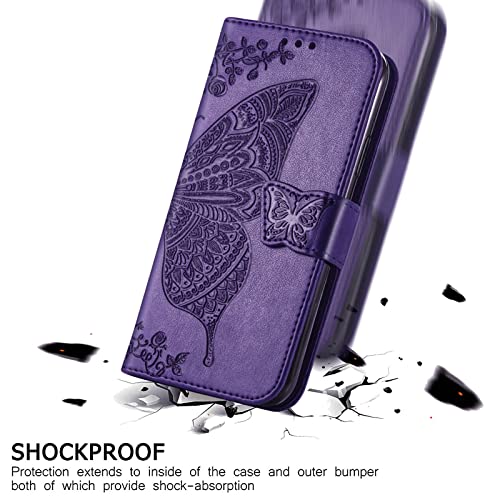 for iPhone 12 Pro/iPhone 12 Wallet Case,Women Flip Folio Cover with Butterfly Embossed PU Leather Kickstand Credit Card Holder Slots Wrist Strap for iPhone 12/12 Pro 6.1 inch (Purple) - color: Purple