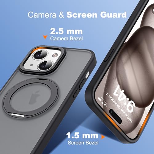 for iPhone 15 Case with 360° Spin Magnetic Stand,Black | iPhone 15 Phone Case 6.1",Spin Magnetic Ring Stand,Compatible with MagSafe,Military Protection,Translucent Matte - color: Black, size: iPhone 15