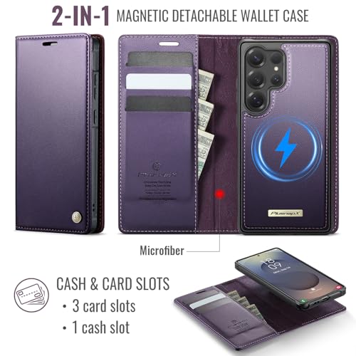 for Samsung Galaxy S26 Ultra 2in1 Detachable Wallet Case, Purple | Compatible with Magsafe, Magnetic, RFID Blocking Card Holder, Shockproof, Kickstand, Wireless Charging, PU Leather Flip Cover - color: (Detachable 2 in 1)-Purple, size: Galaxy S26 Ultra