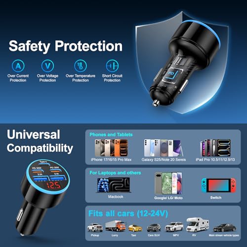 90W USB C Car Charger Adapter with Voltmeter,5-Port USB C Cigarette Lighter - size: 1-Pack