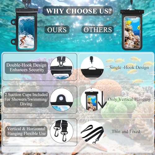 Larger Waterproof Phone Pouch iPhone &Shower Phone Holder Waterproof with 2 Suction Cups,Water Phone Protector Pouch with Adjustable Lanyard for iPhone 17 16 ProMax (Black+Black, 2 PCS) - color: Black+Black