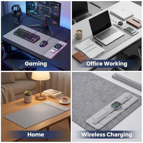 15W Wireless Charging Mouse Pad 31.5"x15.75", Double-Sided Faux Leather - color: Folding-Gray