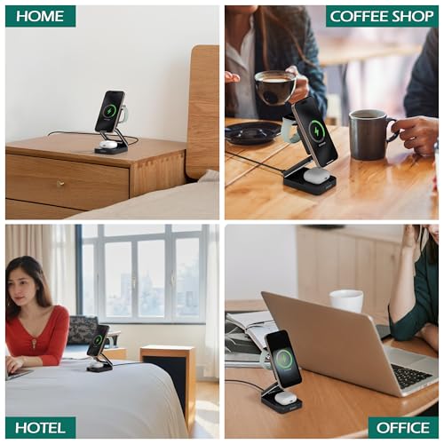 Smtcsl 3-in-1 Foldable Wireless Charging Station: Magnetic Charger Pad Compatible with Phone air 17 16 15 14 13 12 Series/Watch/Air Pods - Portable Folding Stand for Travel