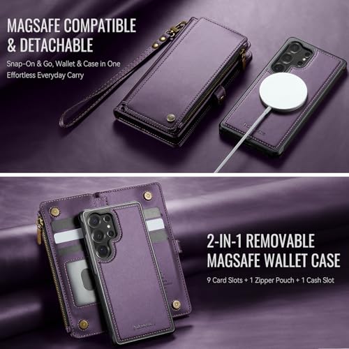 Defencase for Galaxy S24 Ultra Case Wallet Compatible with Magsafe, Purple | Magnetic Detachable, RFID Bolcking Card Holder, Zipper Strap, PU Leather Drop-Proof Phone Cover for Samsung Galaxy S24 Ultra - color: (Detachable with Magsafe)-Purple