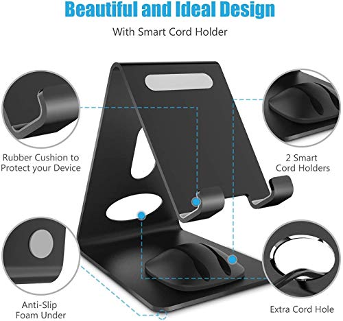 Phone Stand, Premium Phone Holder for iPhones, Android Smartphones & Mini Tablets –Sturdy Metal Phone Stand for Desk with Smart Cord Holder System