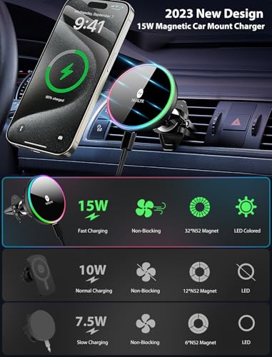 for Magsafe Car Mount Charger 15W LED RGB Car Phone Holder for Dash Vent - color: A Colorful Charger