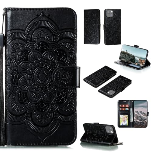 EYZUTAK Case for iPhone 14 Plus, Premium PU Leather Magnetic Flip Wallet Case with Card Holder Cash Slot Lanyard Strap Kickstand Function Embossed Mandala Flower Pattern Shockproof Cover - Black - color: Black, size: iPhone 14 Plus