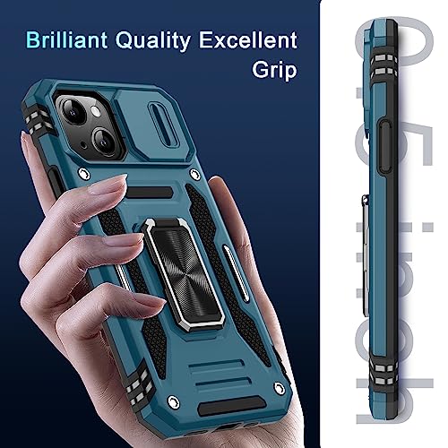DEERLAMN Case for iPhone 13/iPhone 14 6.1-Inch with Slide Camera Cover+Screen Protector(2 Packs),Rotated Ring Kickstand Military Grade Shockproof Protective Cover-Light Blue - color: Light Blue