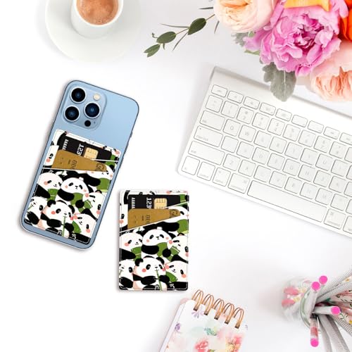 CREATCABIN Panda Phone Card Holder Leather Cell Phone Wallet Stick on Adhesive Credit Card Holder Slim Double Pocket Sticker for Back of Phone Case Compatible with Most Phones 3.7 x 2.5 Inch - style: Panda