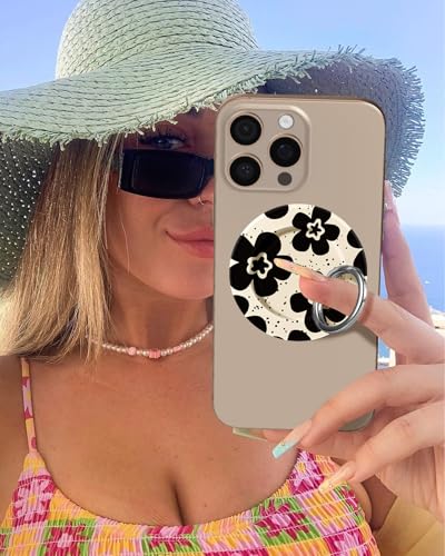Toycamp Magnetic Phone Grip - Compatible with MagSafe Phone Grip Ring Stand for iPhone 17/16/15/14/13/12 Series Monochrome Flower Cute Phone Ring Holder Grip for Women Girls Girly - color: Monochrome Flower