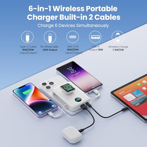 Magnetic Portable Charger 10800mAh with Built-in Cables,Wireless Power Bank for Magsafe,25W PD Fast Charging USB-C Travel Essentials Battery Pack for iPhone 17/16/15/14/13/12 Series,Apple Watch-White - color: White